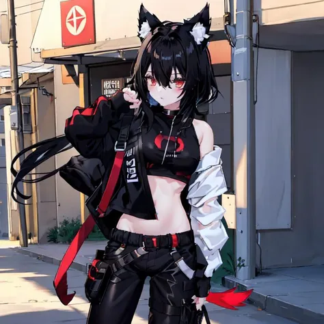 <lora:VRChatRindo:0.4>, <lora:urbansamuraiv3testing:0.8>,(masterpiece, best quality), 1girl, black hair, red eyes, medium breasts, cat ears, choker, ((white hoodie, black pants, crop top hoodie)), white sneakers, on park, walking, evening, lights