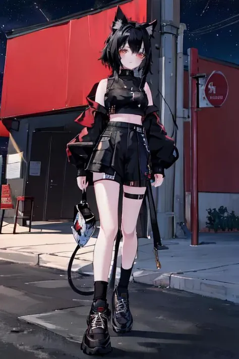 <lora:VRChatRindo:0.4>, <lora:urbansamuraiv3testing:0.9>,(masterpiece, best quality), 1girl, black hair, red eyes, cat ears, choker, (crop top shirt), sneakers, walking, beach, sea, ((night, stars, moonlight, moon)), full body shot