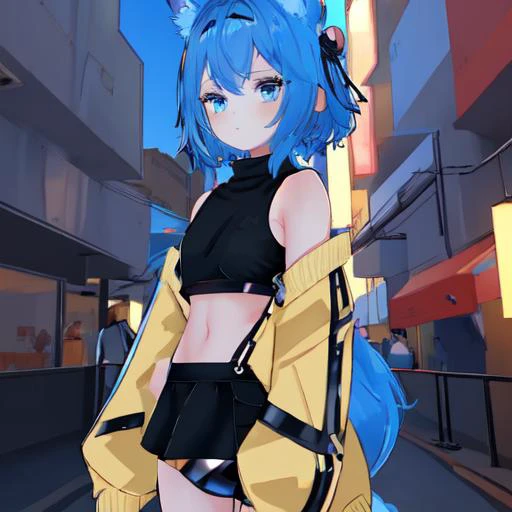 (masterpiece:1.4, beatiful:1.4), <lora:VRChatRindo:0.6>, 1girl, short hair, twin tails, ((blue hair, blue eyes, hair orament, halo)), small breast, (fox ears, tail, fox tail), crop top, short skirt, black clothes, black crop top, (((sleeveless))), cropped jacket,hoodie, pants, loose socks, sneakers,((crossed arms)), <lora:JW:0.4>,<lora:cbpk:0.5>, night, neon, tokyo, street, cars, streetsign, light beams, shadow, detailed shadow, beautiful body, beautiful face, perfect anime girl, perfect body, detailed face, cowboy shot, shoulder level, blurry background