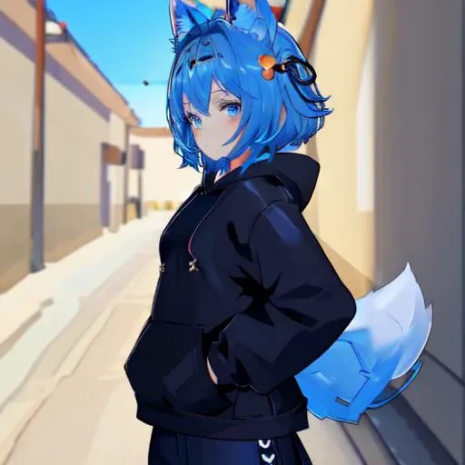 (masterpiece:1.4, beatiful:1.4), <lora:VRChatRindo:0.6>, 1girl, short hair, twin tails, ((blue hair, blue eyes, hair orament, halo)), small breast, (fox ears, tail, fox tail), ((((cropped jacket,hoodie, pants, loose socks, sneakers)))), ((arms at sides)), <lora:JW:0.4>,<lora:cbpk:0.5>, night, neon, tokyo, street, cars, streetsign,moonlight beams, shadow, detailed shadow, beautiful body, beautiful face, perfect anime girl, perfect body, detailed face, cowboy shot, shoulder level,lens flare, blurry background