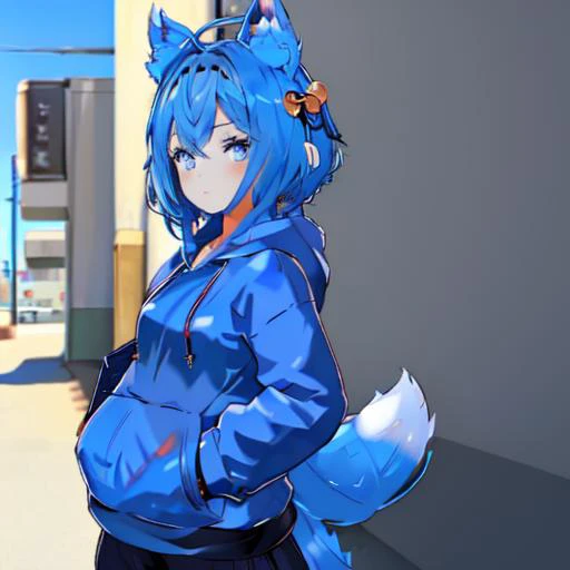 (masterpiece:1.4, beatiful:1.4), <lora:VRChatRindo:0.6>, 1girl, short hair, twin tails, ((blue hair, blue eyes, hair orament, halo)), small breast, (fox ears, tail, fox tail), ((((cropped jacket,hoodie, pants, loose socks, sneakers)))), ((arms at sides)), <lora:JW:0.4>,<lora:cbpk:0.5>, night, neon, tokyo, street, cars, streetsign,moonlight beams, shadow, detailed shadow, beautiful body, beautiful face, perfect anime girl, perfect body, detailed face, cowboy shot, shoulder level,lens flare, blurry background