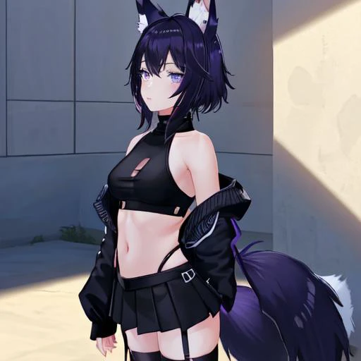 (masterpiece:1.4, beatiful:1.4), <lora:VRChatRindo:0.4>, short hair, twintails, (((black hair, violet eyes))), small breast, (bunny ears, ((long ears)), (( tail, fox tail, black long tail))), ((seiza, cyberpunk apartment, cyberpunk)), crop top, short skirt, black clothes, black crop top, black short skirt, garter straps, thigh strap, thighhighs, <lora:JW:0.4>, sunbeams, shadow, detailed shadow, beautiful body, beautiful face, perfect anime girl, perfect body, detailed face, cowboy shot, shoulder level, white sweater