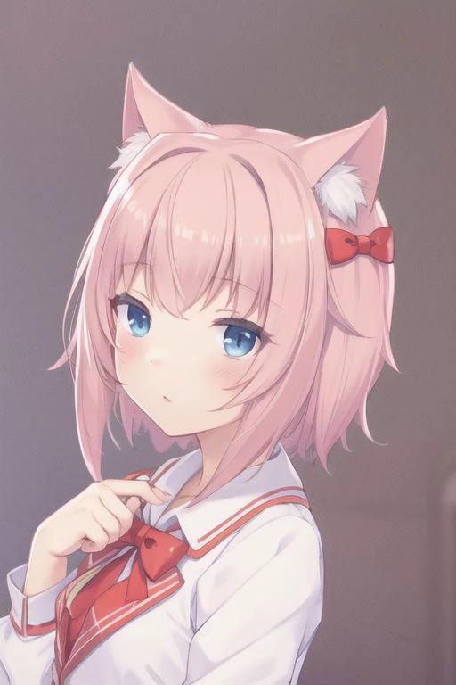 sayori \(neko works\), sayori, backgroud, sayori, blue eyes, pink hair, hair bow, red bow