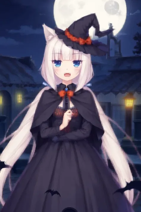 <lora:super-Rh-vanilla-v4:0.8>,xiangcao,1girl,solo,animal_ears, solo, cat_ears,slit_pupils, white_hair, very_long_hair, blue_eyes, ribbon, bangs, bow, blunt_bangs, hair_ribbon,twintails,low_twintails
,Halloween,costume,witch_hat,pumpkin,jack_o_lantern,spooky,ghost,bat_wings,candle,moon,skull,web,spider_web,candy,haunted_house,Trick_or_Treat,orange,black_color,cape,pointy_hat,moonlight,vampire_fangs,zombie,full_moon,owl,haunted,graveyard,fog,night,lantern