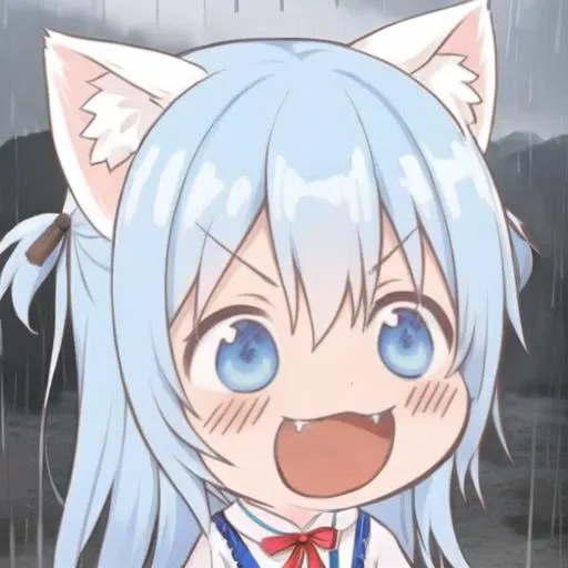 <lora:ç´æ¥å¼ç¬chibi-laugh:0.8>,chibi,qç,laughing <lora:jiamiaoersanshi-loradbs-v1:0.55>
nekobohe,1girl, animal ears, blue eyes, blue hair, solo, rain, long hair, open mouth, looking at viewer, cat ears, ribbon, hair ornament, neck ribbon, two side up, blush, fangs, red ribbon, shirt, bell, animal ear fluff