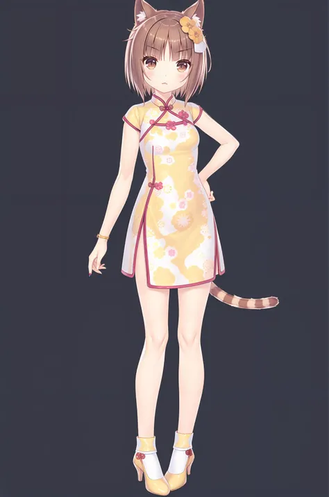 <lora:super-azuki-update-RHsu-ver7:0.8>,azuki,<lora:GoodHands-beta2:1> nice hands, perfect hands
1girl, solo, hand fan, clothing cutout, brown eyes, cat ears, animal ears, hair flower, short hair, tail, dress, high heels, full body, cat tail, hair, hair ornament, blush, small breasts, looking at viewer, brown hair, nail polish, breasts, cat girl, slit pupils, white background, chinese clothes, bangs,yellow footwear, yellow dress, jingle bell, standing, panties,(china dress:1.1),(cheongsam:1.1),(qipao:1.1)