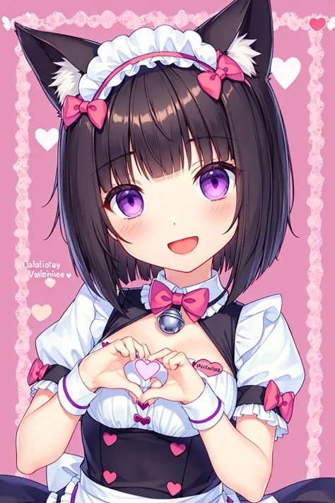 sayori, 1girl, animal ears, happy valentine, cat ears, name tag, solo, heart, maid headdress, short sleeves, bow, purple eyes, puffy sleeves, looking at viewer, puffy short sleeves, black hair, bowtie, heart hands, character name, wrist cuffs, bell, ribbon, artist name, smile, maid, open mouth, short hair, upper body, jingle bell, happy birthday, hair ribbon, blush, clothing cutout, valentine, apron, bangs, purple bow, blunt bangs, waist apron, cleavage cutout, english text, :d