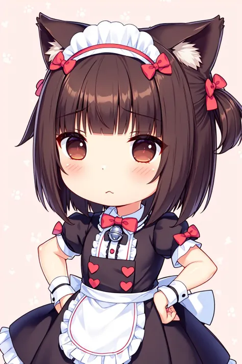 sayori, 1girl, animal ears, solo, cat ears, brown hair, chibi, maid headdress, slit pupils, maid, wrist cuffs, :<, apron, bow, cat girl, blush, looking at viewer, short hair, short sleeves, animal ear fluff, blunt bangs, hair bow, bangs, bell, black eyes, hand on hip, waist apron, two side up, puffy sleeves, jitome