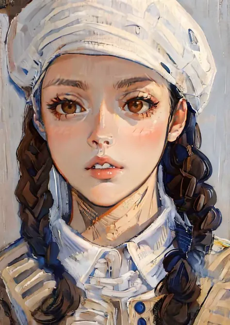 <lora:vg:1.0>,
1girl, solo, realistic, hat, braid, twin braids, looking at viewer, brown hair, portrait, brown eyes, lips, long hair, beret, shirt, black hair