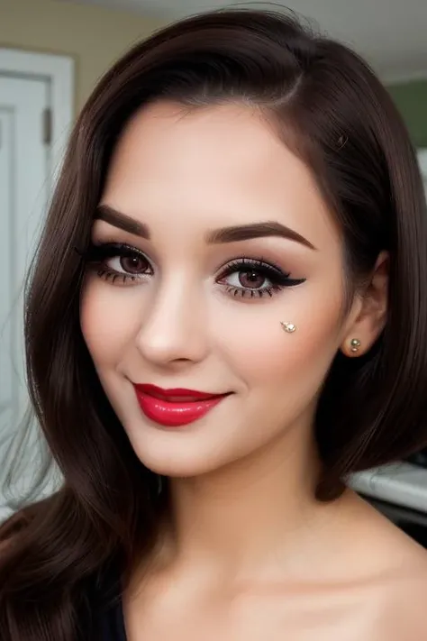 <lora:melissa-10:0.5>, melissa, ((dark brown hair)), photo of a woman, ((fifties hair, 50s hairstyle, fifties dress, kitchen, home)), smiling, (lipstick, blush, eye shadow), ((best quality, masterpiece, extreme details, high resolution):1.2),((detailed eyes, beautiful eyes, detailed face, beautiful face):1.2)