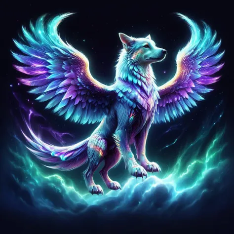 arrstyle<lora:arrstyle:1>, gigantic swift root-like retro canine life form, 1 leg multipedal, six-fingered hands, bushy-tailed, icy scales, celestial wings ((captivating,stencil,silver brownian motion,translation,amethyst purple,amethyst luminescent ,zigzag lines,dotted lines,cybernetic storms,gaseous,hexagonal prism,drifting,time travel,heart magic:1.0) wings attached to the back),