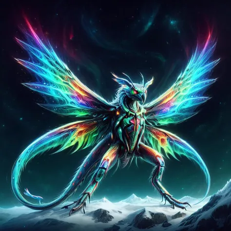 arrstyle<lora:arrstyle:1>, enormous agile mutated sleek insectoid being,  multi-jointed appendages,  long-tailed, icy scales,    griffin wings,