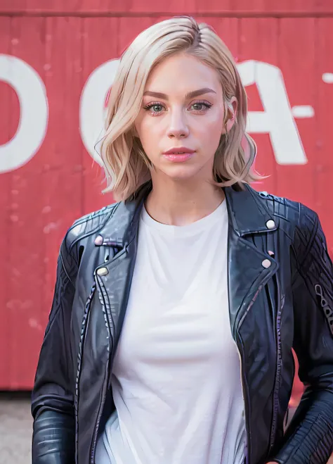 (8k, RAW photo, best quality, masterpiece:1.2),(realistic, photo-realistic:1.37),jeniho,(((upper body,black leather jacket,short wavy blonde hair,white tight undershirt))) <hypernet:jeniho:1>