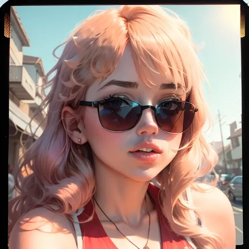 adorable face, (kissing mouth:1.15), pink gradient sunglasses, extreme closeup portrait, auburn bangs,  young girl 1970s style with blonde hair wearing a shoulderless dress, faded polaroid, sunny day,