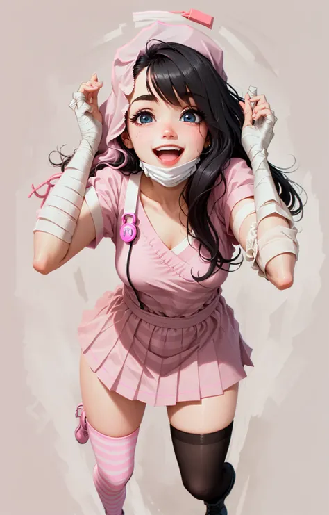 highest quality, high quality, (detailed face and eyes:1.1),adorable face, widening eyes, delighting mouth, (anime:0.8), solo, Caucasian 1girl Nurse, (bandaged arms:1.4), tiny white and pale pink mob-cap, pale pink nurse gown, pale pink miniskirt, (Striped black and pink thighhighs:1.4), black industrial boots, very long (black hair:1.1), (hair over right eye:1.2), deep black eyes, medium breast, simple background, <lora:emotionPuppeteerLora_v2Lora:1>, excited, happy