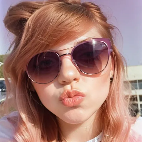 <lora:emotions_lora:1>, adorable face, (kissing mouth:1.15), pink gradient sunglasses, extreme closeup portrait, auburn bangs, 1970s girl, faded polaroid, sunny day