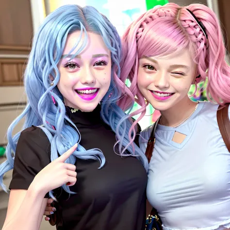 <lora:emotions_lora:1.2>, adorable face, (winking eyes:1.2), smiling mouth, extreme closeup, girlfriends in love, casual clothes, shopping