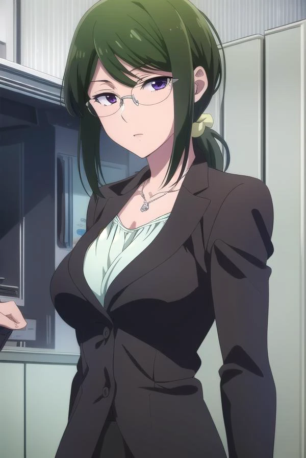 hanakokoyanagi, <lora:hanakokoyanagi-lora-nochekaiser:1>,
hanako koyanagi, green hair, low ponytail, (purple eyes:1.1), glasses,
BREAK skirt, pantyhose, necklace, formal, suit, pencil skirt, skirt suit,
BREAK looking at viewer,
BREAK indoors,
BREAK <lora:GoodHands-vanilla:1>, (masterpiece:1.2), best quality, high resolution, unity 8k wallpaper, (illustration:0.8), (beautiful detailed eyes:1.6), extremely detailed face, perfect lighting, extremely detailed CG, (perfect hands, perfect anatomy),