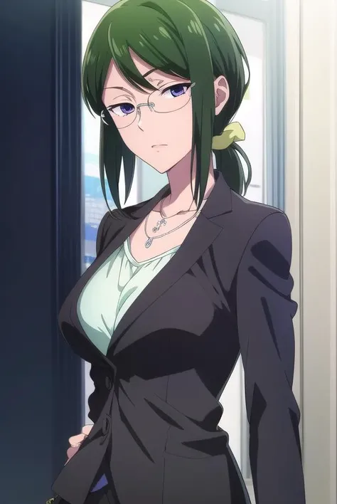 hanakokoyanagi, <lora:hanakokoyanagi-lora-nochekaiser:1>,
hanako koyanagi, green hair, low ponytail, (purple eyes:1.1), glasses,
BREAK skirt, pantyhose, necklace, formal, suit, pencil skirt, skirt suit,
BREAK looking at viewer,
BREAK indoors,
BREAK <lora:GoodHands-vanilla:1>, (masterpiece:1.2), best quality, high resolution, unity 8k wallpaper, (illustration:0.8), (beautiful detailed eyes:1.6), extremely detailed face, perfect lighting, extremely detailed CG, (perfect hands, perfect anatomy),