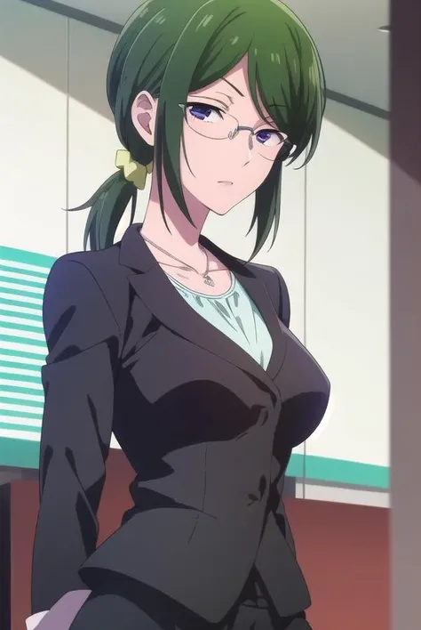 hanakokoyanagi, <lora:hanakokoyanagi-lora-nochekaiser:1>,
hanako koyanagi, green hair, low ponytail, (purple eyes:1.1), glasses,
BREAK skirt, pantyhose, necklace, formal, suit, pencil skirt, skirt suit,
BREAK looking at viewer,
BREAK indoors,
BREAK <lora:GoodHands-vanilla:1>, (masterpiece:1.2), best quality, high resolution, unity 8k wallpaper, (illustration:0.8), (beautiful detailed eyes:1.6), extremely detailed face, perfect lighting, extremely detailed CG, (perfect hands, perfect anatomy),