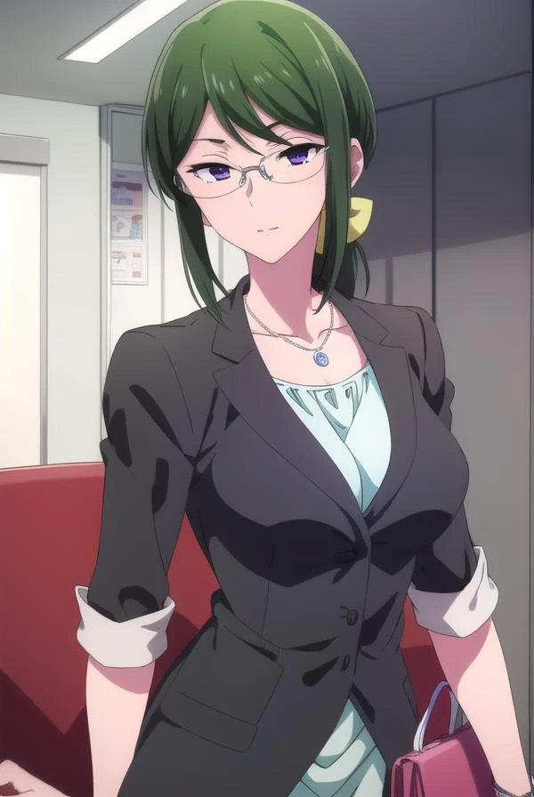 hanakokoyanagi, <lora:hanakokoyanagi-lora-nochekaiser:1>,
hanako koyanagi, green hair, low ponytail, (purple eyes:1.1), glasses,
BREAK skirt, shirt, necklace, office lady,
BREAK looking at viewer,
BREAK indoors,
BREAK <lora:GoodHands-vanilla:1>, (masterpiece:1.2), best quality, high resolution, unity 8k wallpaper, (illustration:0.8), (beautiful detailed eyes:1.6), extremely detailed face, perfect lighting, extremely detailed CG, (perfect hands, perfect anatomy),
