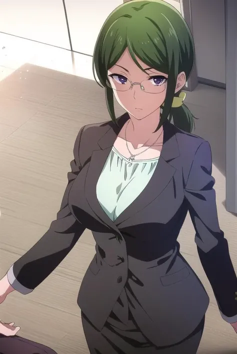 hanakokoyanagi, <lora:hanakokoyanagi-lora-nochekaiser:1>,
hanako koyanagi, green hair, low ponytail, (purple eyes:1.1), glasses,
BREAK skirt, pantyhose, necklace, formal, suit, pencil skirt, skirt suit,
BREAK looking at viewer,
BREAK indoors,
BREAK <lora:GoodHands-vanilla:1>, (masterpiece:1.2), best quality, high resolution, unity 8k wallpaper, (illustration:0.8), (beautiful detailed eyes:1.6), extremely detailed face, perfect lighting, extremely detailed CG, (perfect hands, perfect anatomy),