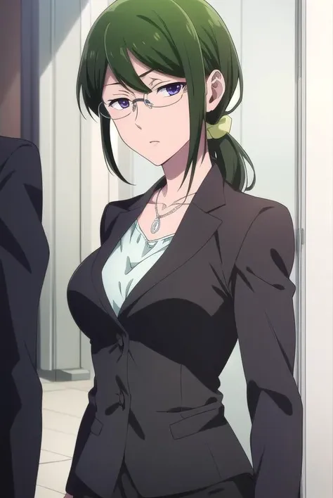 hanakokoyanagi, <lora:hanakokoyanagi-lora-nochekaiser:1>,
hanako koyanagi, green hair, low ponytail, (purple eyes:1.1), glasses,
BREAK skirt, pantyhose, necklace, formal, suit, pencil skirt, skirt suit,
BREAK looking at viewer,
BREAK indoors,
BREAK <lora:GoodHands-vanilla:1>, (masterpiece:1.2), best quality, high resolution, unity 8k wallpaper, (illustration:0.8), (beautiful detailed eyes:1.6), extremely detailed face, perfect lighting, extremely detailed CG, (perfect hands, perfect anatomy),