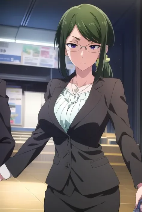 hanakokoyanagi, <lora:hanakokoyanagi-lora-nochekaiser:1>,
hanako koyanagi, green hair, low ponytail, (purple eyes:1.1), glasses,
BREAK skirt, pantyhose, necklace, formal, suit, pencil skirt, skirt suit,
BREAK looking at viewer,
BREAK indoors,
BREAK <lora:GoodHands-vanilla:1>, (masterpiece:1.2), best quality, high resolution, unity 8k wallpaper, (illustration:0.8), (beautiful detailed eyes:1.6), extremely detailed face, perfect lighting, extremely detailed CG, (perfect hands, perfect anatomy),
