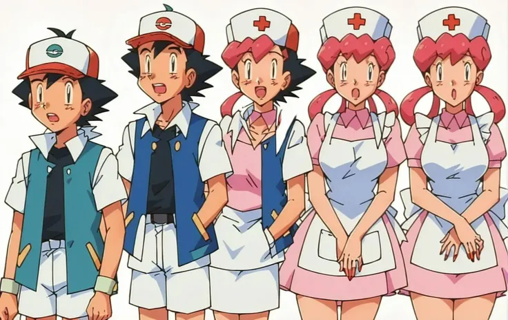 score_9, score_8_up, score_7_up, source_anime, highly detailed,1boy,solo, ash ketchum\(Pokemon\),black hair, simple background,blue vest, tr2nsf0rmati0n, transformation, before and after, transformation sequence, Miss Joy,mature woman,pink hair,hair rings,large breasts,thick thighs,wide hips,pink dress,apron,nurse cap, <lora:gravs-transformation-1.3.0-release:0.92> <lora:Ash_Kanto:0.86>,<lora:Miss_Joy:0.86>