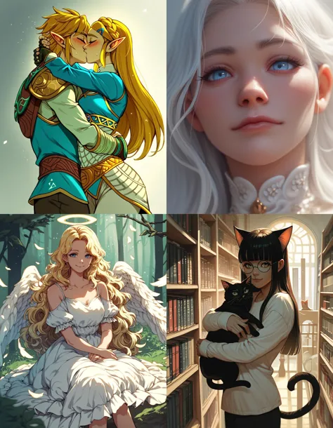 https://civitai.com/articles/5300 ___ All images: score_9, score_8_up, score_7_up ___ 1st image: 1girl, 1boy, Princess_Zelda, \(The_Legend_of_Zelda:_Breath_of_the_Wild\), standing, kiss, hug, closed_eyes ___ 2nd image: 1girl, lovely face, portrait, close-up, looking_at_viewer, closed_mouth ___ 3rd image: 1girl, solo, blonde_hair, wavy_hair, angel, angel_wings, halo, smile, sitting, forest, white_dress ___ 4th Image: 1girl, solo, long_hair, black_hair, blunt_bangs, straight_hair, round_eyewear, cat_girl, cat_ears, cat_tail, standing, hug cat, looking_at_viewer, library