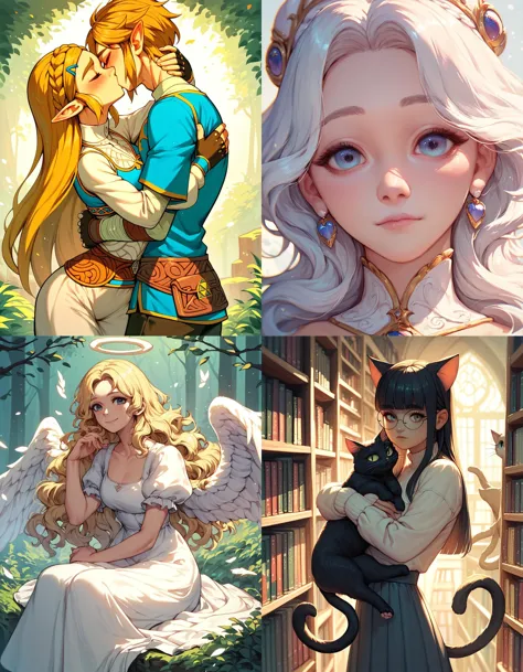 https://civitai.com/articles/5300 ___ All images: score_9, score_8_up, score_7_up ___ 1st image: 1girl, 1boy, Princess_Zelda, \(The_Legend_of_Zelda:_Breath_of_the_Wild\), standing, kiss, hug, closed_eyes ___ 2nd image: 1girl, lovely face, portrait, close-up, looking_at_viewer, closed_mouth ___ 3rd image: 1girl, solo, blonde_hair, wavy_hair, angel, angel_wings, halo, smile, sitting, forest, white_dress ___ 4th Image: 1girl, solo, long_hair, black_hair, blunt_bangs, straight_hair, round_eyewear, cat_girl, cat_ears, cat_tail, standing, hug cat, looking_at_viewer, library