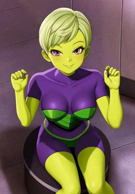 <lora:Cheelai:0.8>, Cheelai, 1girl, solo, sitting, looking at viewer, armor, purple bodysuit, V, smile, Hands up