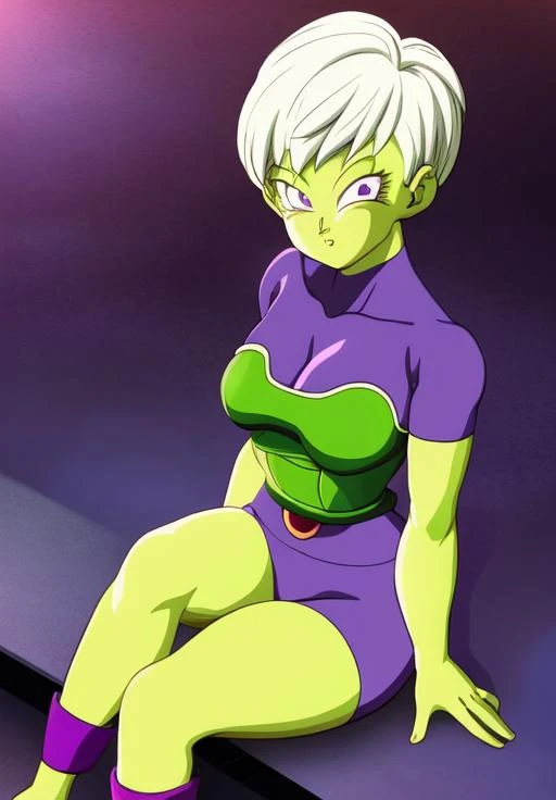 <lora:Cheelai:0.8>, Cheelai, 1girl, solo, sitting, looking at viewer, purple bodysuit, saiyan armor,