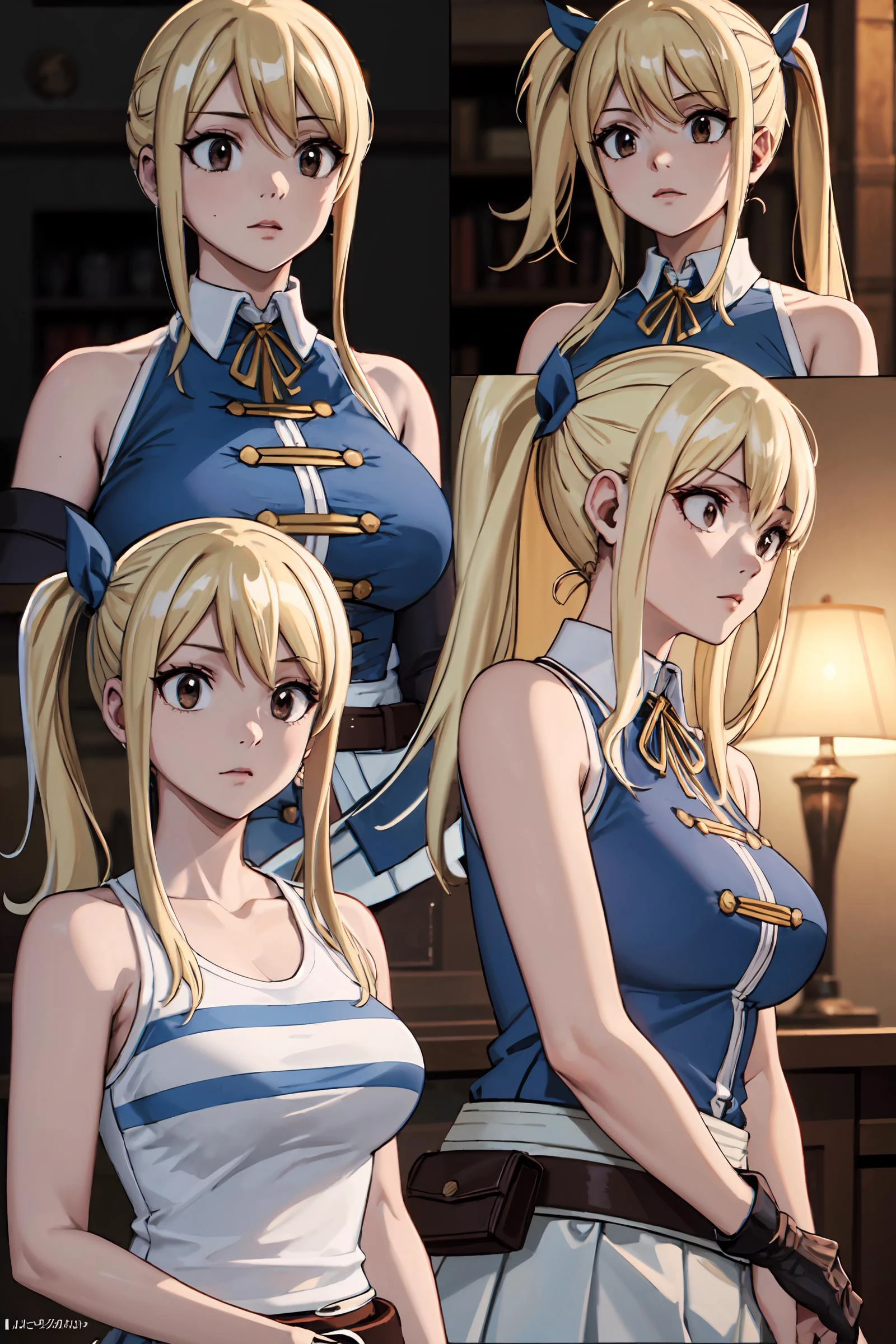 photorealistic, octane render, best quality, sharp focus, 8k, 4k, Masterpiece, Best Quality, realistic skin texture, extremely detailed, intricate, hyper detailed, illustration, soft lighting, high resolution, sharp detail, <lora:lucyheartfilia-055555:0.8> lucyheartfilia, sleevles shirt, blue shirt, side ponytail, hair ribbon, bare shoulders, white skirt, brown thigh boots, belt