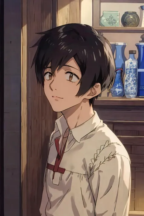 1boy, Mukohda, <lora:Mukohda_Lora:1>,solo, male focus, handsome face, Neutral pose, Neutral expression, smile, Dramatic lighting, portrait, Manga style, watch to the viewer,, ((masterpiece)),((bestquality)),8k,high detailed,ultra-detailed, Short hair, Black hair, straight hair,