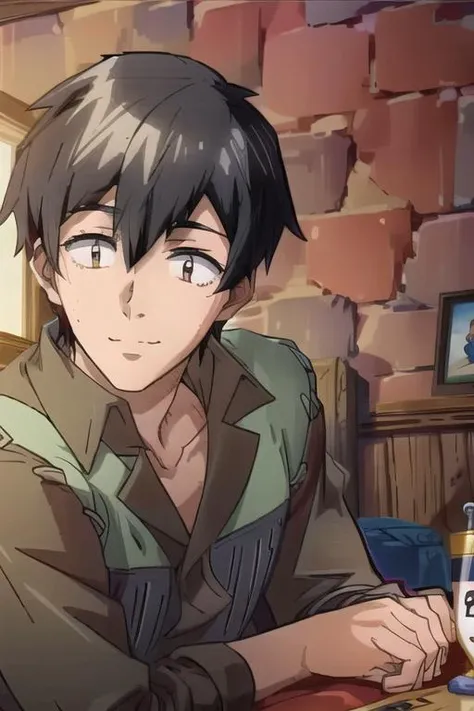 1boy, Mukohda, <lora:Mukohda_Lora:1>,solo, male focus, handsome face, Neutral pose, Neutral expression, smile, Dramatic lighting, portrait, Manga style, watch to the viewer,, ((masterpiece)),((bestquality)),8k,high detailed,ultra-detailed, Short hair, Black hair, straight hair,