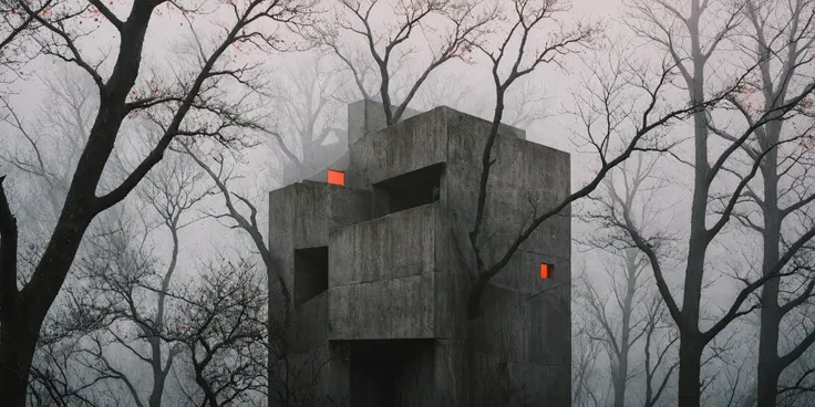 brutalist inspire geometric form made from intertwined twisted trees clustered together,in the background is an elaborate red orange and light pink surrounded by a dark and moody mist of dark gray fog,in the style of Kodak Portra 100 film with an f-stop f/28 long exposure,<lora:Brutalist_Geometry__01-000009:1>,