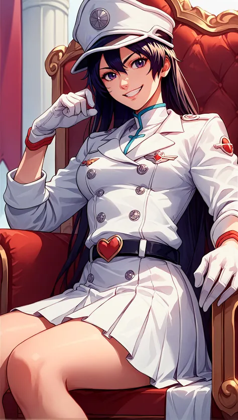 score_9, score_8_up, score_7_up, source_anime, solo, 1girl, bambietta basterbine, smug, looking at viewer, sitting, crossed legs, throne, peaked cap, military uniform, white jacket, white gloves, white skirt, belt <lora:bleach_basterbine_ponyXL:1>