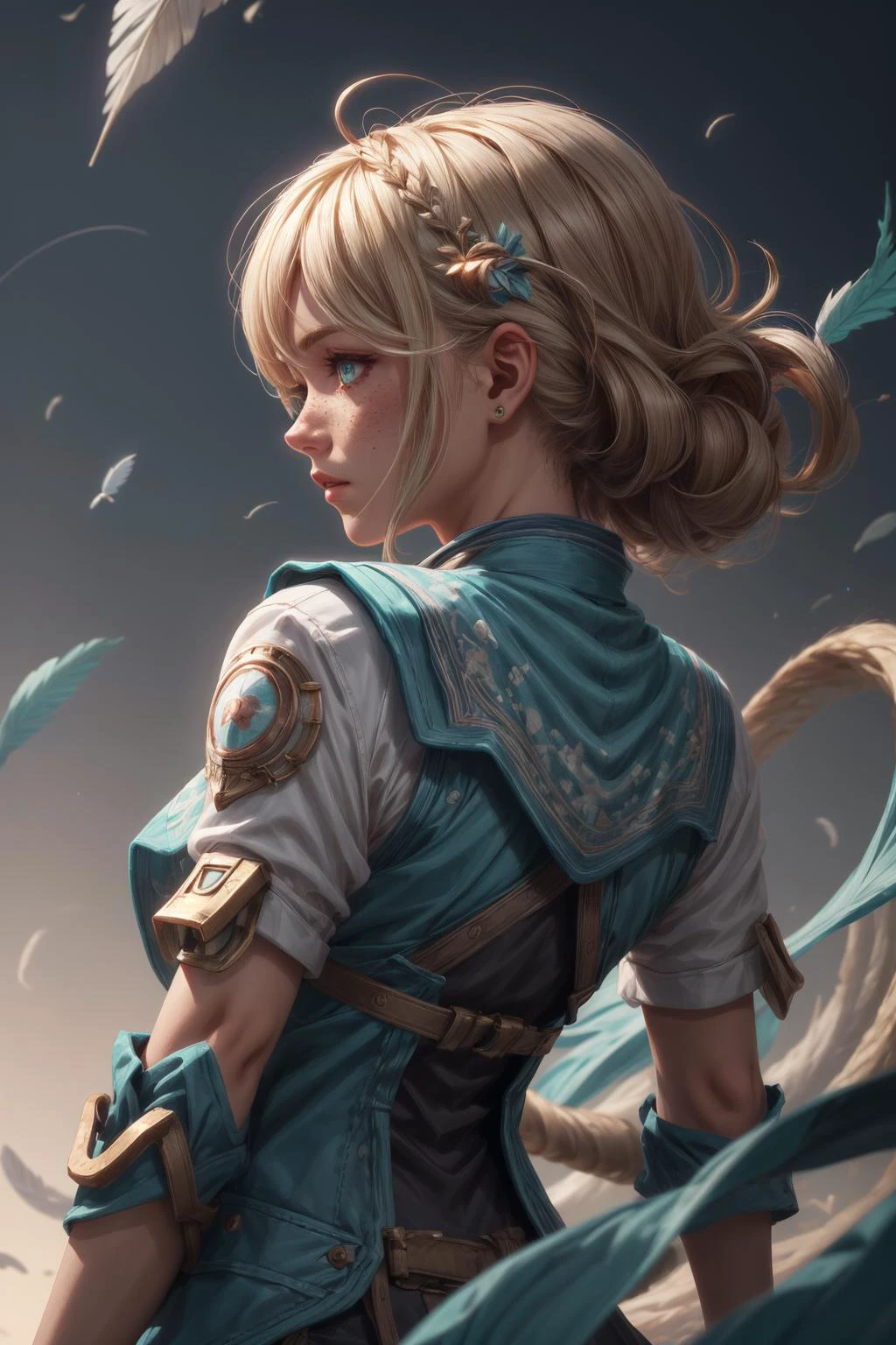 (extremely detailed:1.3), (masterpiece:1.3), illustration, Intricate illumination, Fine shadows, sharp focus, ((best quality)), <lora:more_details:1>, <lora:sharpen-soften:-0.5>, <lora:realistic:0.5>,
<lora:GoodHands-beta2:0.8>,
from back, back view,
1 girl, adult woman, freckles, teal eyes, blonde quiff hair, ombre,
Style-GravityMagic, solo, upper body, detailed background, detailed face, (<lora:ZonaiAIv8:0.6>, ZonaiAI theme:1.1), wind sorcerer, aeromancer,champion of the zephyr, white wizard vest, windswept hair, glowing sapphire amulet, feathers drifting in the wind, embodying wind energy, spiraling vortex, dynamic pose, birds circling in background,