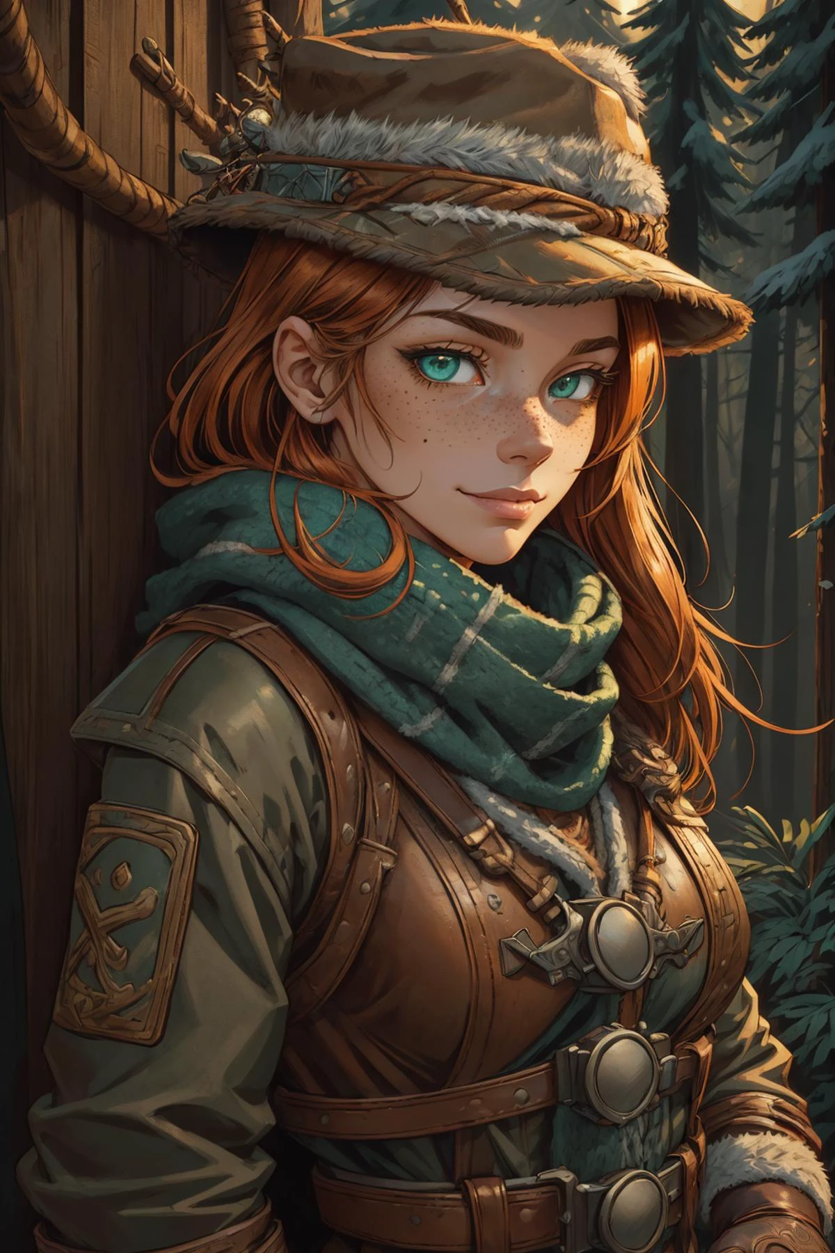 Typographic art, Stylized, intricate, detailed, artistic, text-based, beautiful and detailed illustration, pop art, masterpiece, best quality, ultra-detailed, soft lighting, cinematic shot, vibrant colors, gorgeous colors, <lora:add_detail:0.3>, <lora:stylesqueeze_v2:0.5>,
1 girl, adult czech woman, freckles, green eyes, copper lob hair,
solo, half shot, looking at viewer, detailed background, detailed face, (<lora:ZonaiAIv8:0.6>, ZonaiAI theme:1.1), trapper, tracker, smirk, leather clothing, coat, gloves, trappers hat, scarf, snare, rope, traps, pelts, hides, winter forest background, underbrush, fantasy frontier cinematic atmosphere,