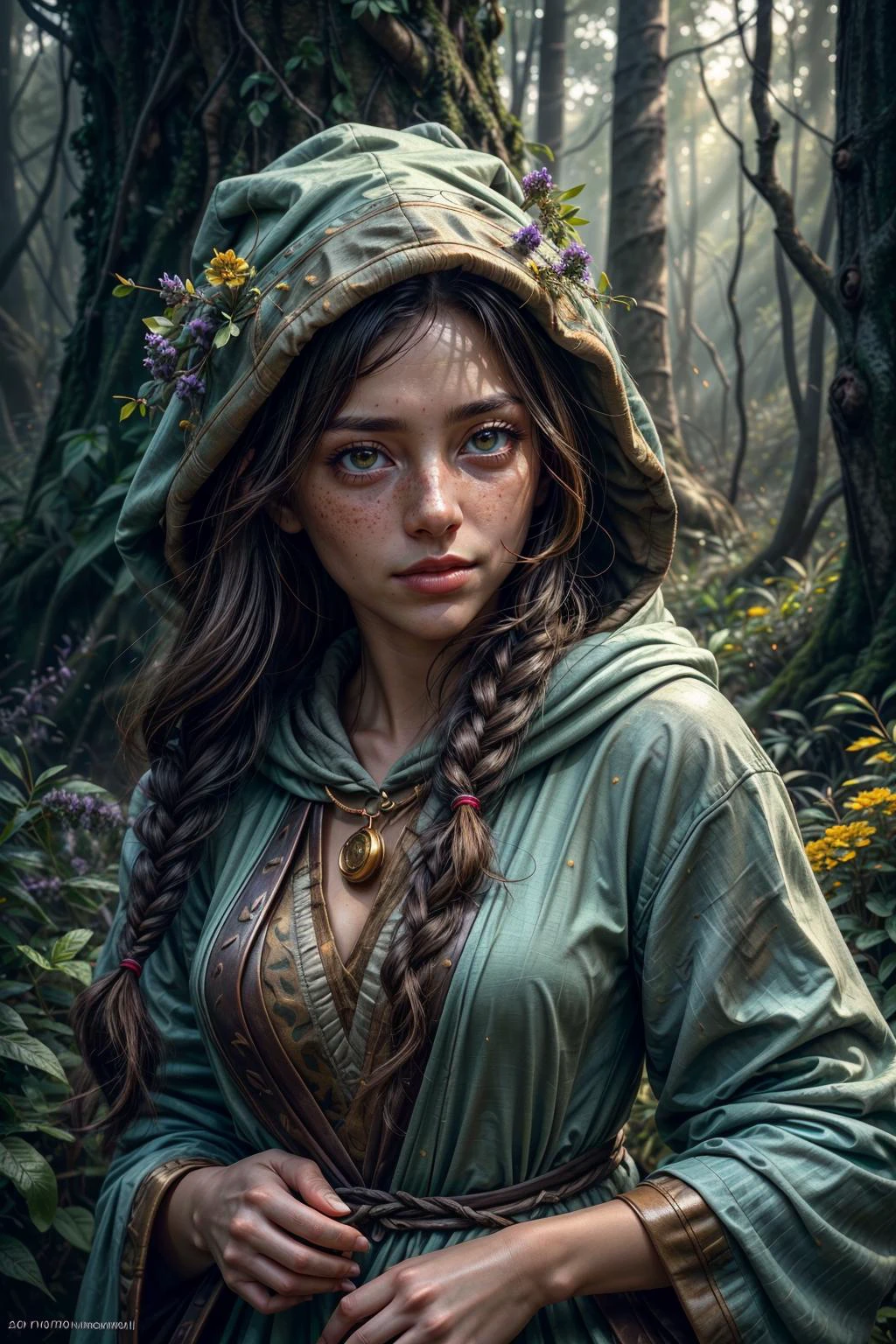 <lora:add_detail:0.75>, <lora:sharpen-soften:-0.2>, <lora:stylesqueeze_v2:0.25>, <lora:realistic:0.25>,
1 girl, adult (elven:0.7) woman, freckles, yellow eyes, light brown fishtail braid,
focus on character portrait, solo, upper body, looking down, detailed background, detailed face, (<lora:ZonaiAIv8:0.6>, ZonaiAI theme:1.1), joyful expression, forest druid, wearing natural colored green flowing robes, hood, leather, dynamic pose, restoration spell, sigils, natural magic, swirling leaves , roots, branches, rock, glowing brown flowers, lavenders, plants, filtered light, hills in background, natural mysterious atmosphere, earth tones,