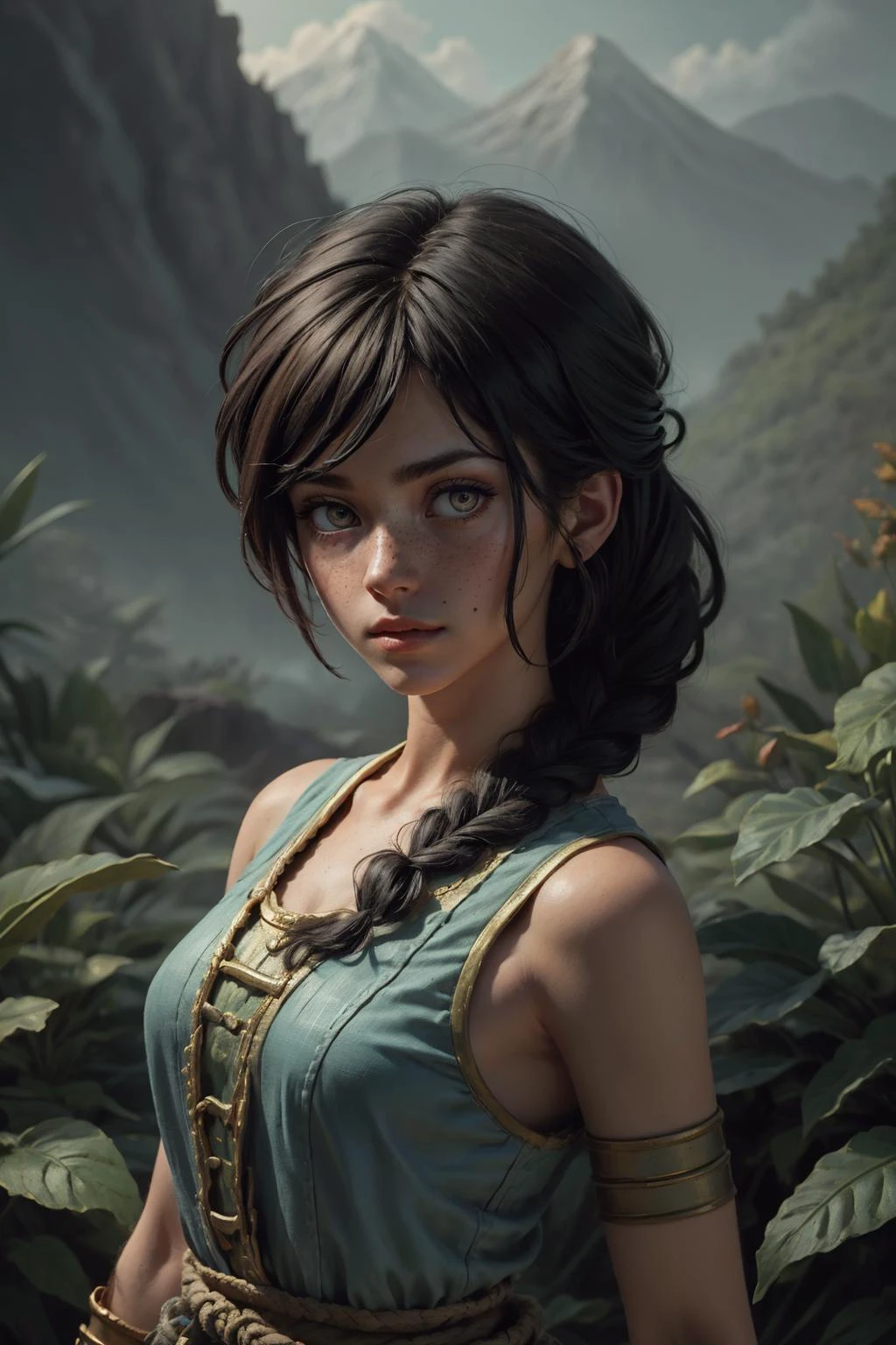 (masterpiece, best quality), game cg cinematic, colorful paint style, <lora:add_detail_v5:1>, <lora:anime3d:0.75>, <lora:3DMM_V12:0.25>, 3DMM,
1 girl, adult spanish woman, freckles, pink eyes, chestnut waterfall braid,
solo, (full body:0.6), looking at viewer, detailed background, detailed face, (<lora:ZonaiAIv8:0.6>, ZonaiAI theme:1.1) aggressive jungle fighter, light blue tribal clothing, bones, tropical climate, stone knife, bushes, colorful plants, exotic plants, exotic, mountain in background, darkness, cinematic atmosphere,