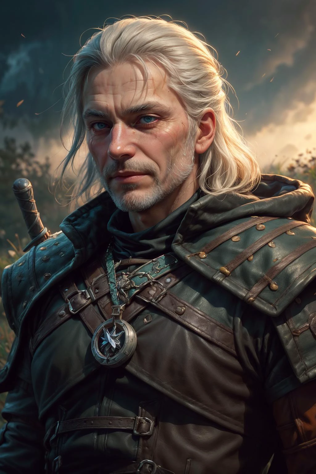 (masterpiece, best quality:1.4), (beautiful, aesthetic, perfect, delicate, intricate:1.2), <lora:more_details:0.75>, <lora:sharpen-soften:-0.25>, <lora:realistic:0.25>,
(1man, wrinkled face, old french male:1.2), frail, green eyes, white hair, mutton chops,
Style-GravityMagic, solo, upper body, looking up, detailed background, detailed face, (<lora:ZonaiAIv8:0.6>, ZonaiAI theme:1.1), focus on eyes, grimace, witcher, wearing orange leather witcher clothes, rugged, bloodstains, cape straps, trinkets, witcher gear, supernatural abilities, meadow in background, fog, wind blowing, backlighting, bokeh, fantasy atmosphere,