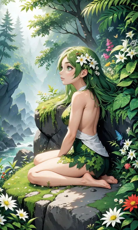 full body girl merged with nature, body created from plants and flowers all over her body, sitting on a rock looking to her right side