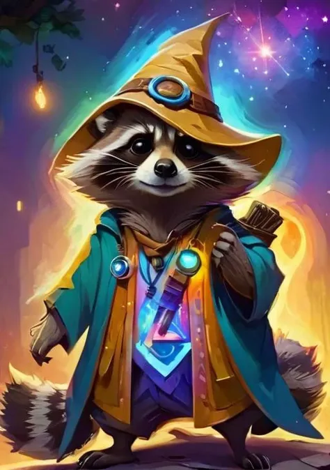 wizard raccoon, (((art style of  Scott Naismith))) <lora:Dreamyvibes artstyle SDXL - Trigger with dreamyvibes artstyle:1> Dreamyvibes Artstyle <lora:EnvySpiritXL01-cute:1> spirit