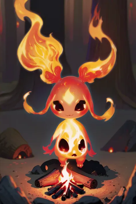 A tiny fire spirit, glowing with warm orange hues, nestled within the embers of a campfire.<lora:EnvySpiritXL01-cute:1>