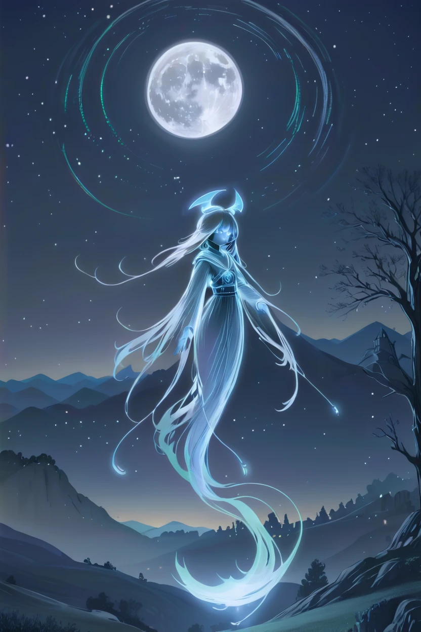 A luminous moon spirit, with silvery trails, hovering over a tranquil night landscape.<lora:EnvySpiritXL01-cute:1>