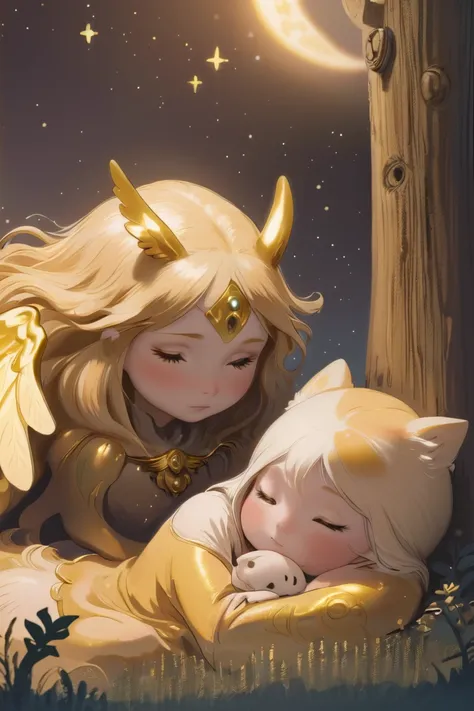 A protective guardian spirit, with a soft golden glow, watching over a sleeping dreamer at night.<lora:EnvySpiritXL01-fae:1>