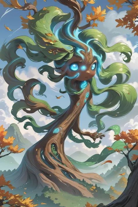 A playful wind spirit, swirling in the sky, rustling the leaves of an ancient tree.<lora:EnvySpiritXL01-cute:1>