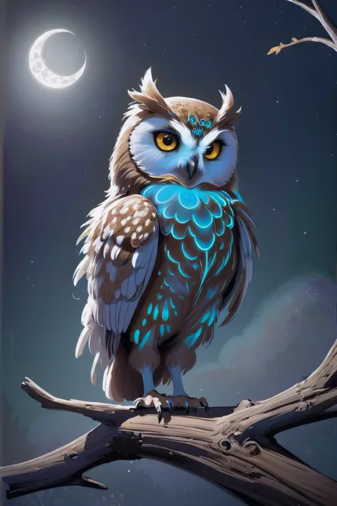 A spirited owl spirit, with soft feathery wisps, perched silently on a moonlit branch.<lora:EnvySpiritXL01-cute:1>